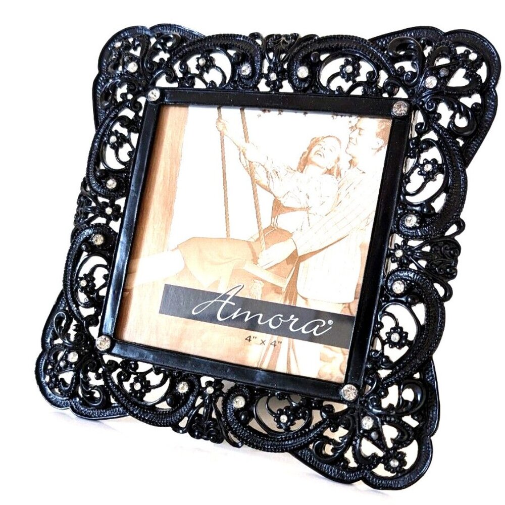 Amora Photo Pic Frame Solid Metal Ornate Rhinestone Embellished Free Stand 4*4in